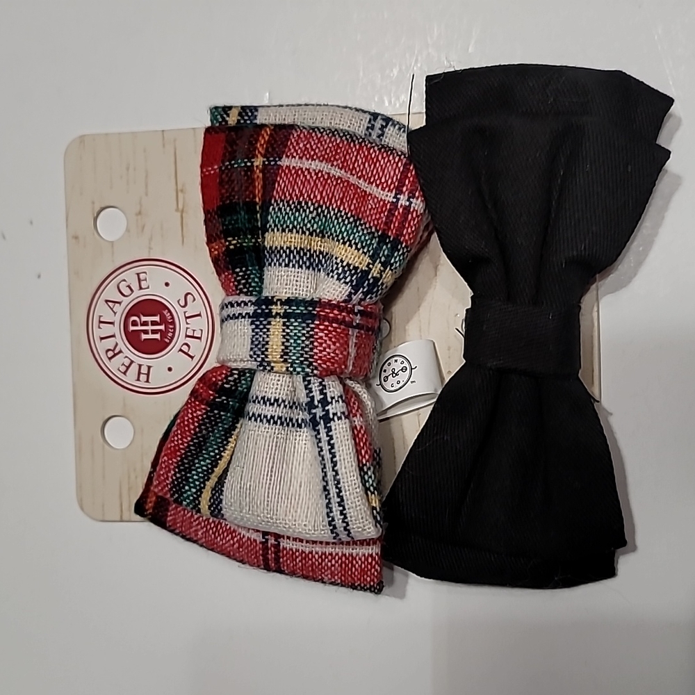 Pet Bow Ties -‎ Red, Cream, Black Plaid Bow  Tie and Black Bow Tie - set 2
